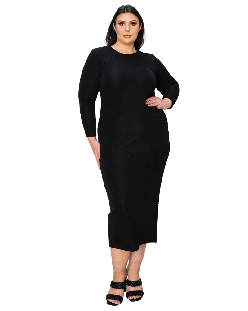 Front of a model wearing a size 14|16 Kylo Textured Bodycon Dress in Black by L I V D. | dia_product_style_image_id:347167